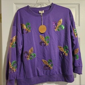 Purple Fleur De Lis Sequin Patches Mardi Gras Pullover